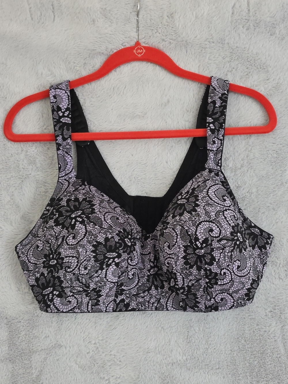 Comfort Choice 38D Wireless Full Coverage Bra Black Pink Lace Print Soft Cup